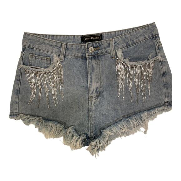 RHINESTONE Fringe Pocket Detail Light Wash Denim Raw Edge Shorts Size L - Picture 1 of 9
